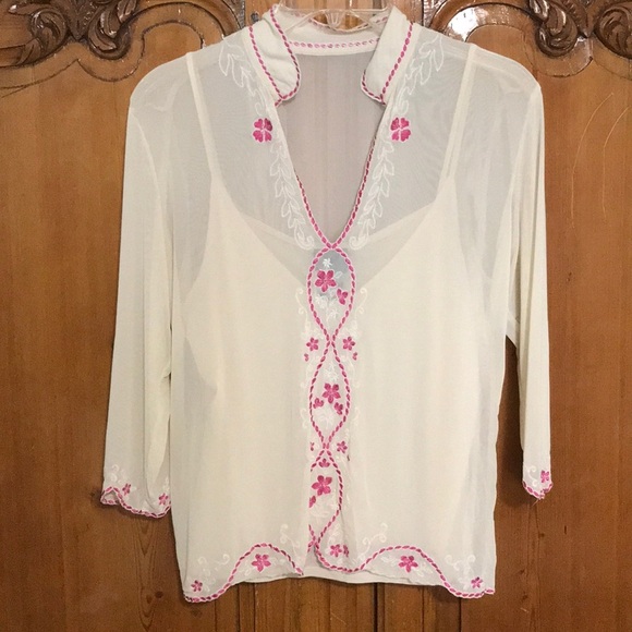 INC International Concepts Tops - INC Feminine Top with Scallops and Pink Embroidery